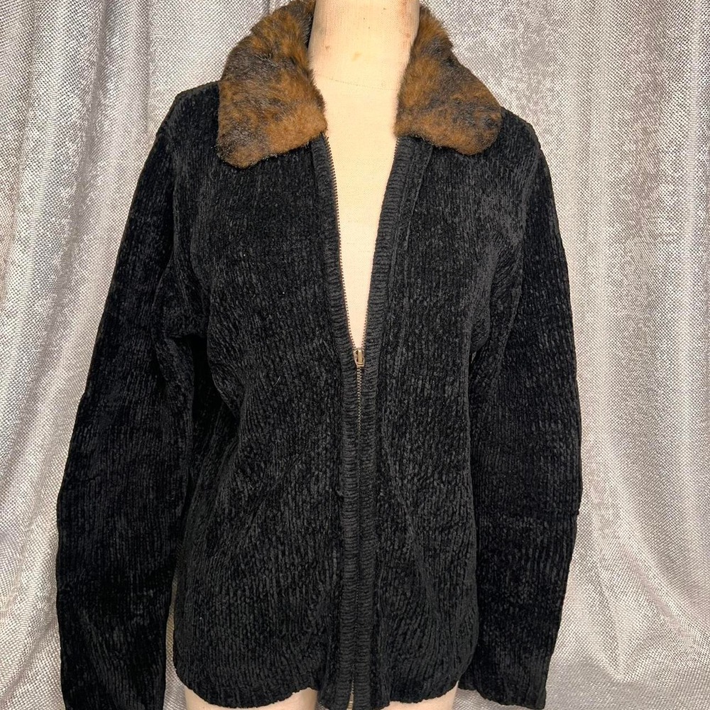Basic Editions Holiday Black Chenille Zip Up Sweater Faux Fur Leopard Collar S